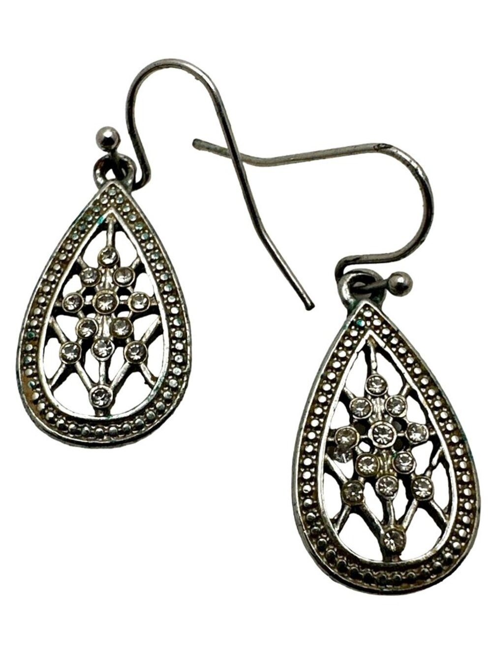 Silver Tone Filagree Teardrop Earrings Rhinestone